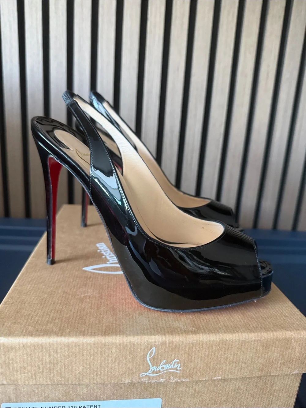 Christian Louboutin Black Patent Peep-Toe Platform Slingbacks